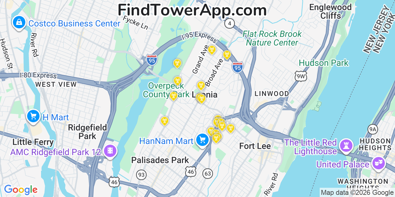 Map showing the 20 primary cell tower locations detected in Leonia, New Jersey from AT&T, Verizon, and T-Mobile networks