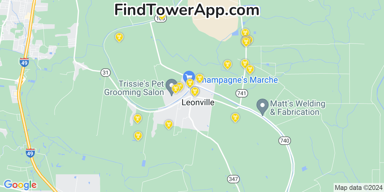 AT&T 4G/5G cell tower coverage map Leonville, Louisiana