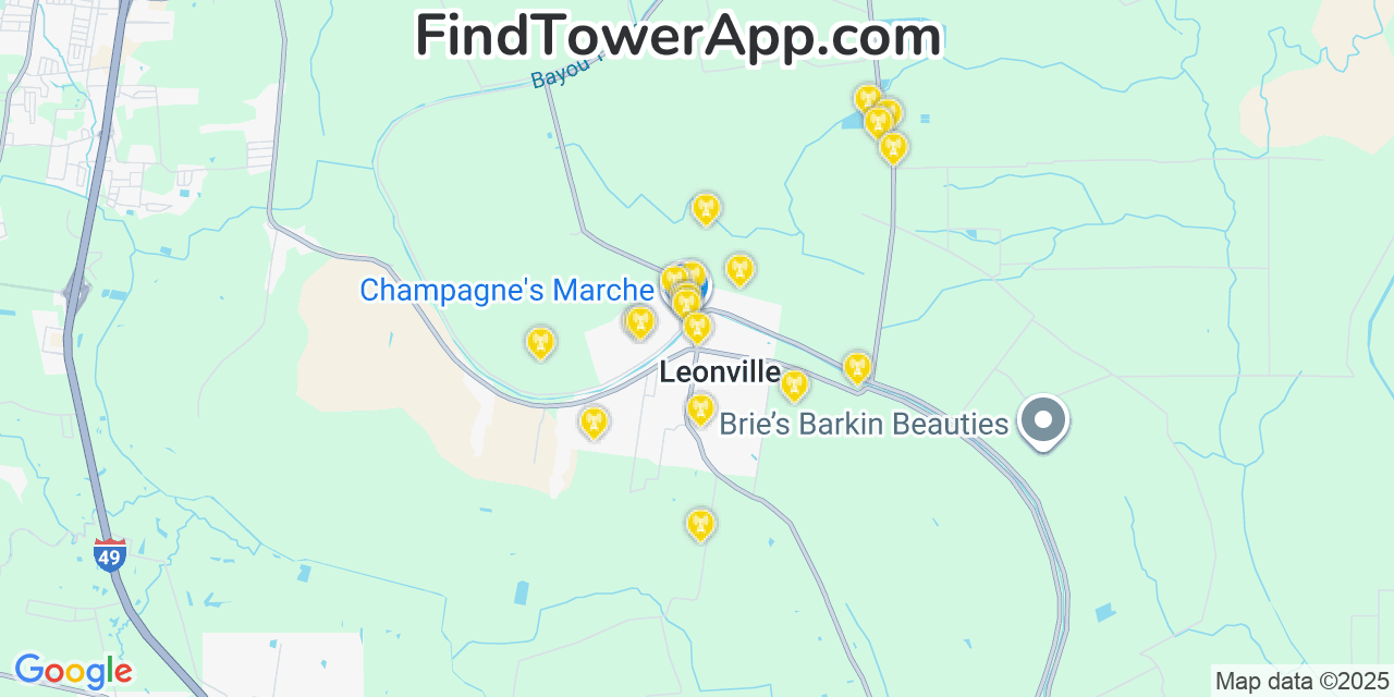 Map showing the 20 primary cell tower locations detected in Leonville, Louisiana from AT&T, Verizon, and T-Mobile networks
