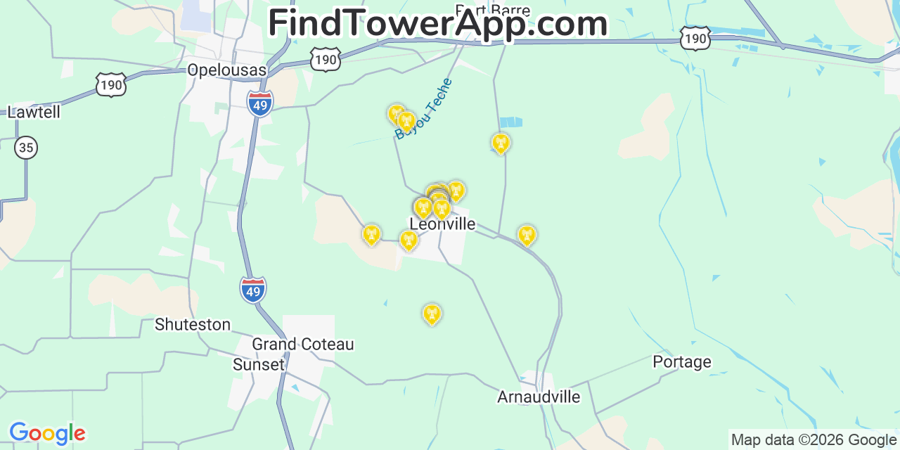 Map showing the 20 primary cell tower locations detected in Leonville, Louisiana from AT&T, Verizon, and T-Mobile networks