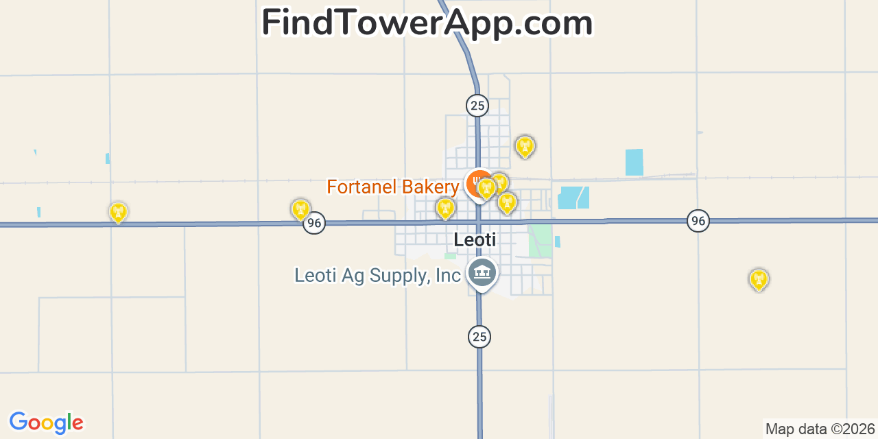 Map showing the 20 primary cell tower locations detected in Leoti, Kansas from AT&T, Verizon, and T-Mobile networks