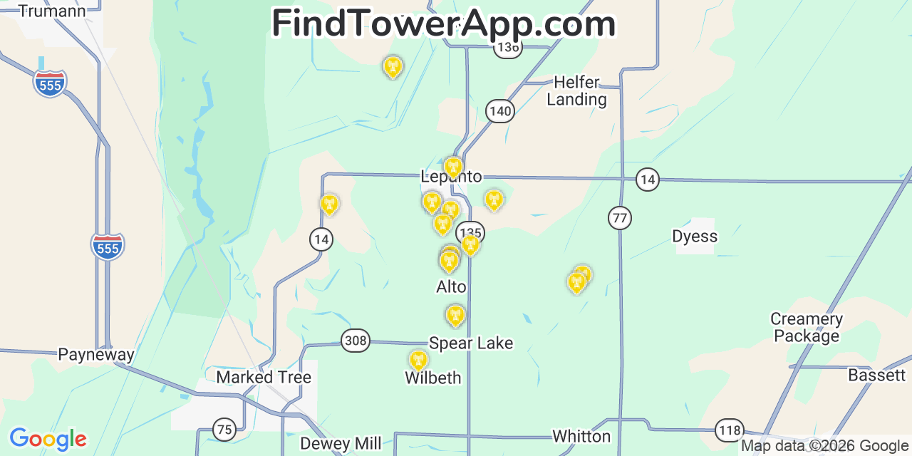 Map showing the 20 primary cell tower locations detected in Lepanto, Arkansas from AT&T, Verizon, and T-Mobile networks