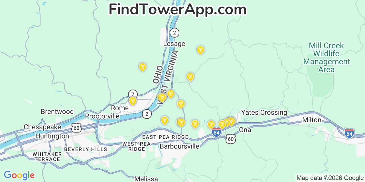 Map showing the 20 primary cell tower locations detected in Lesage, West Virginia from AT&T, Verizon, and T-Mobile networks