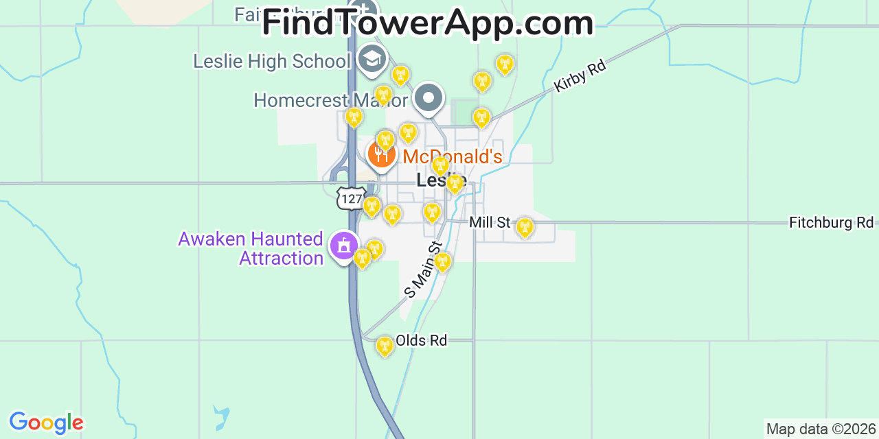 Map showing the 20 primary cell tower locations detected in Leslie, Michigan from AT&T, Verizon, and T-Mobile networks