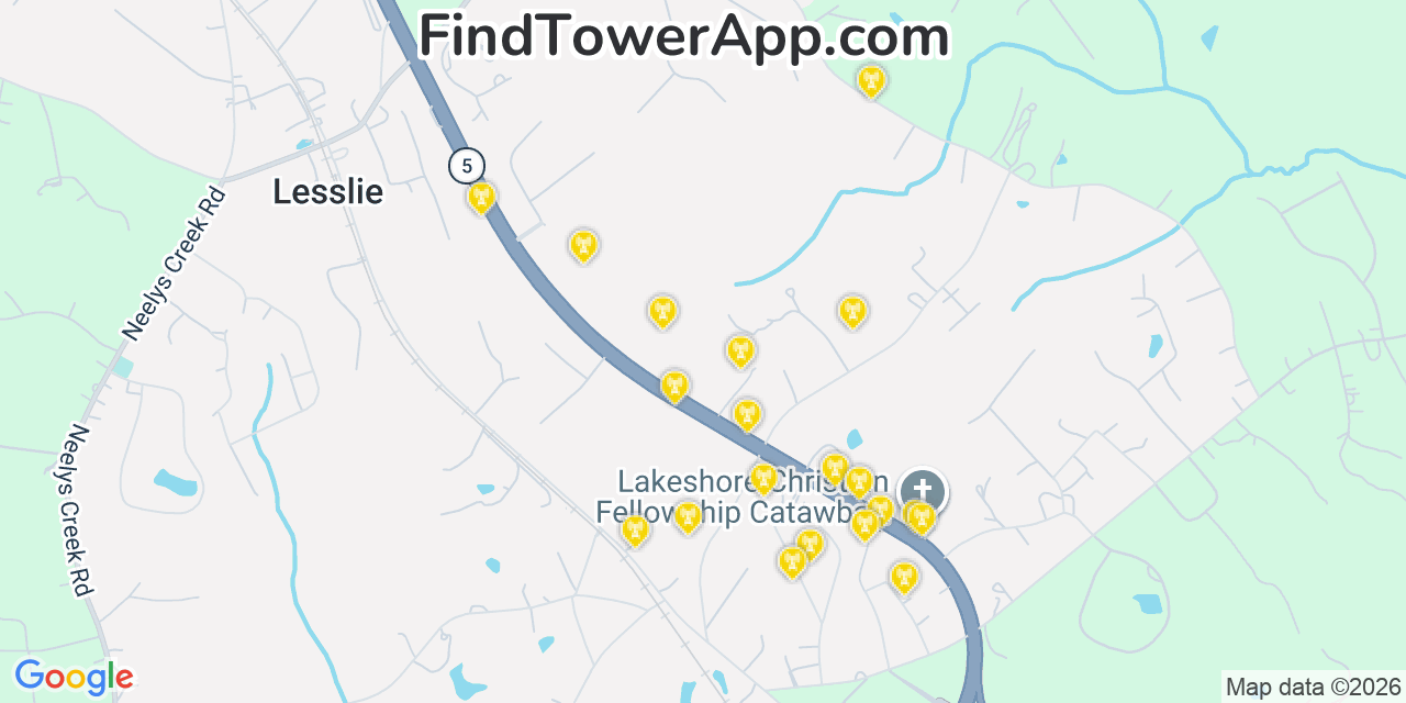 Map showing the 20 primary cell tower locations detected in Lesslie, South Carolina from AT&T, Verizon, and T-Mobile networks