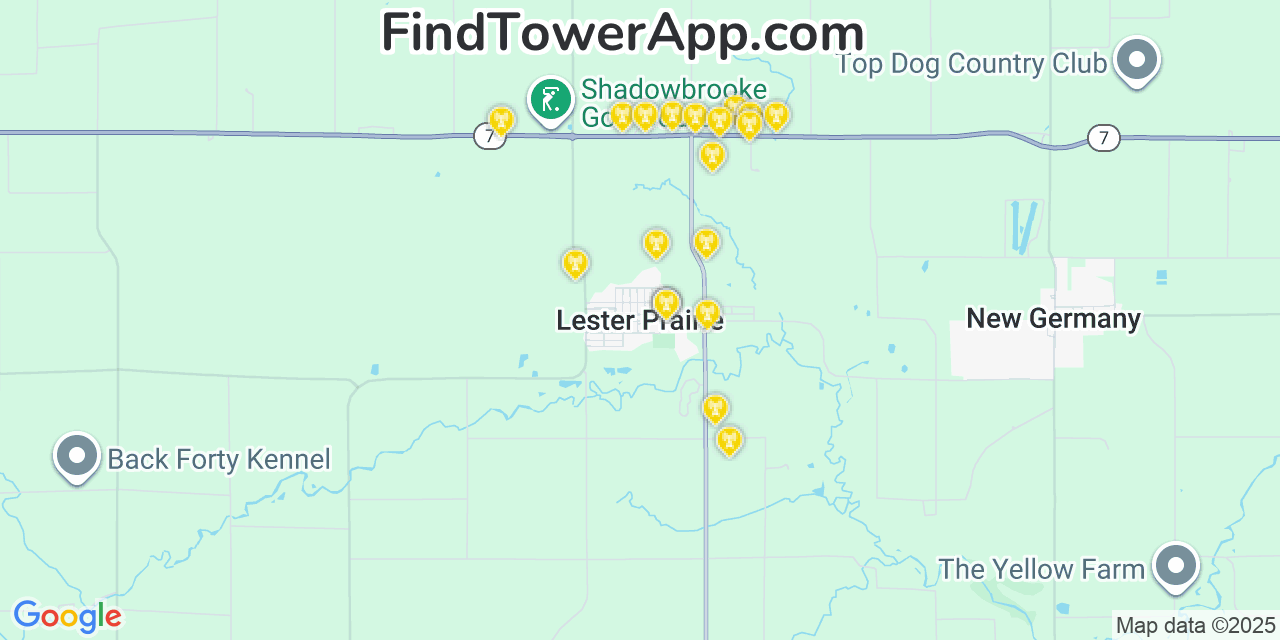 Map showing the 20 primary cell tower locations detected in Lester Prairie, Minnesota from AT&T, Verizon, and T-Mobile networks
