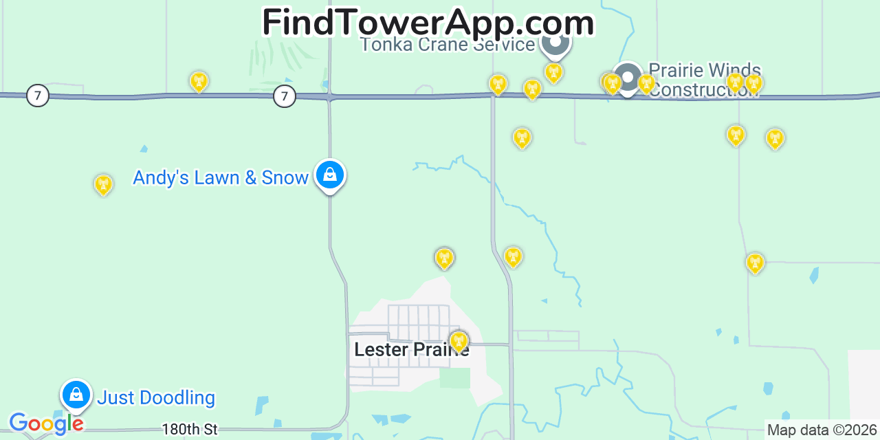 Map showing the 20 primary cell tower locations detected in Lester Prairie, Minnesota from AT&T, Verizon, and T-Mobile networks