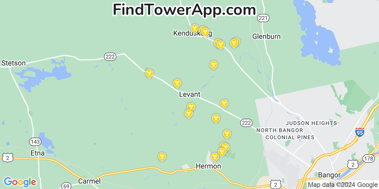 AT&T 4G/5G cell tower coverage map Levant, Maine | FindTowerApp.com