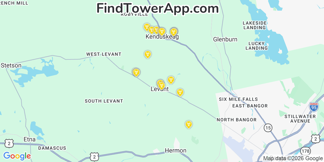 Map showing the 20 primary cell tower locations detected in Levant, Maine from AT&T, Verizon, and T-Mobile networks