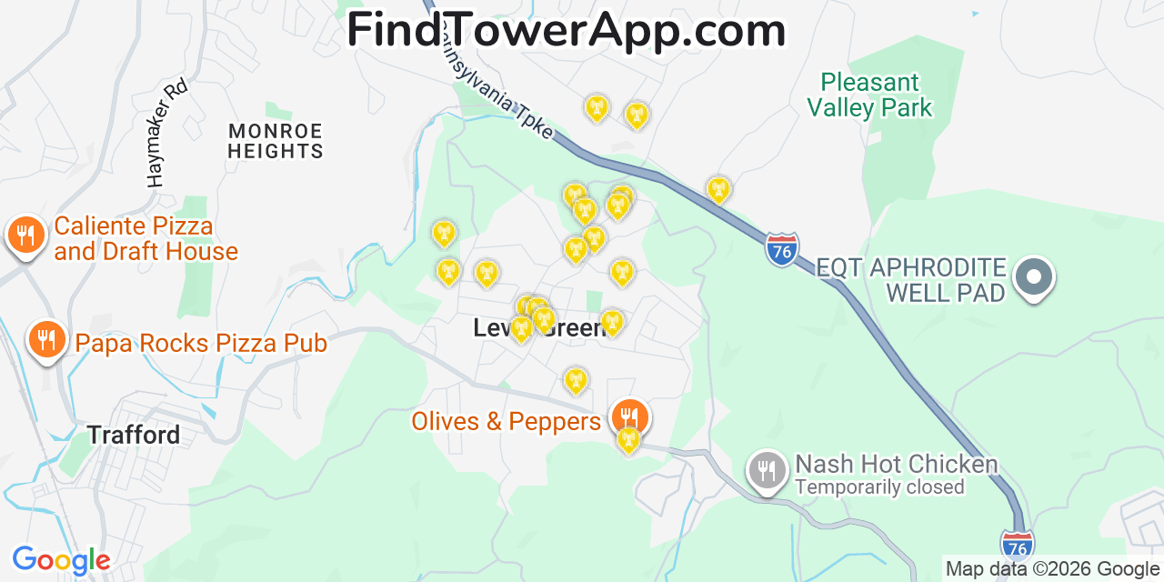 Map showing the 20 primary cell tower locations detected in Level Green, Pennsylvania from AT&T, Verizon, and T-Mobile networks