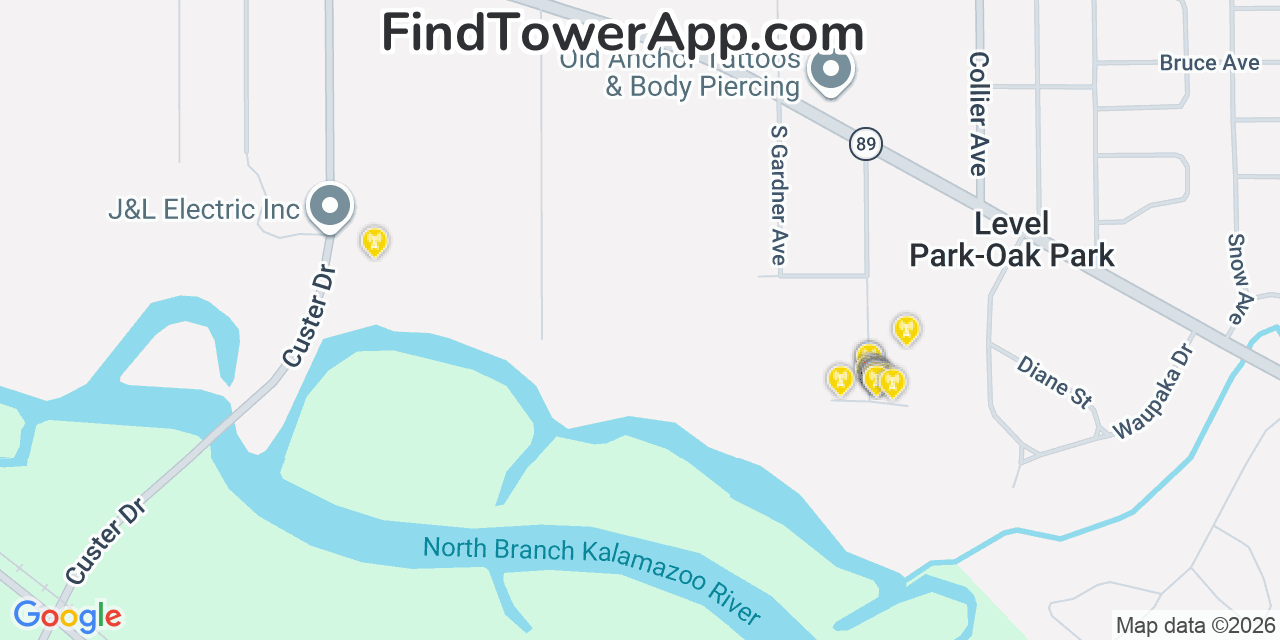 Map showing the 20 primary cell tower locations detected in Level Park Oak Park, Michigan from AT&T, Verizon, and T-Mobile networks