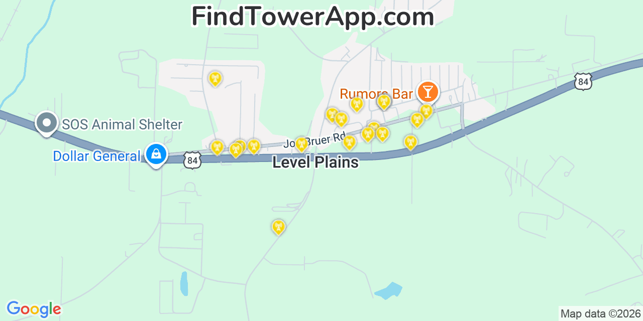 Map showing the 20 primary cell tower locations detected in Level Plains, Alabama from AT&T, Verizon, and T-Mobile networks