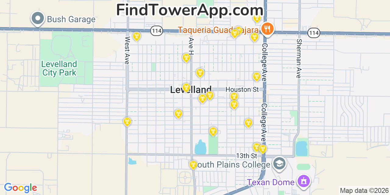 Map showing the 20 primary cell tower locations detected in Levelland, Texas from AT&T, Verizon, and T-Mobile networks