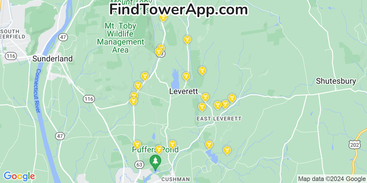 AT&T 4G/5G cell tower coverage map Leverett, Massachusetts