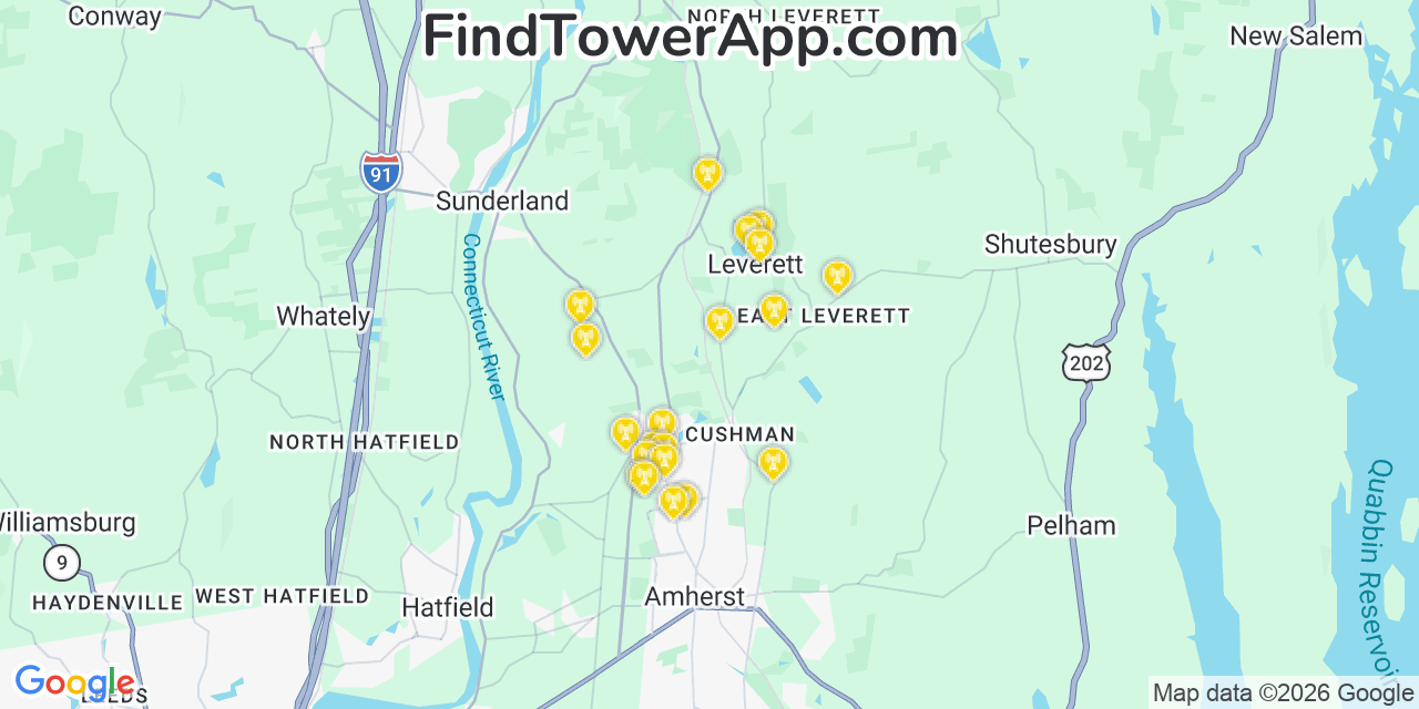 Map showing the 20 primary cell tower locations detected in Leverett, Massachusetts from AT&T, Verizon, and T-Mobile networks
