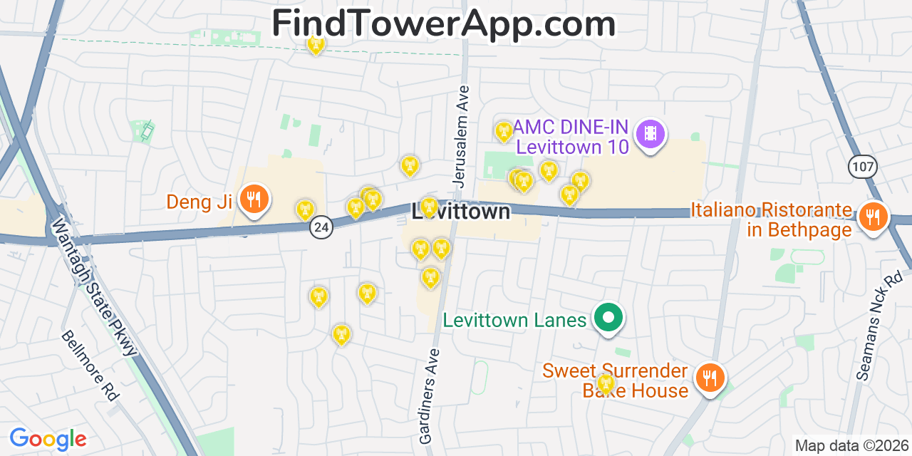Map showing the 20 primary cell tower locations detected in Levittown, New York from AT&T, Verizon, and T-Mobile networks
