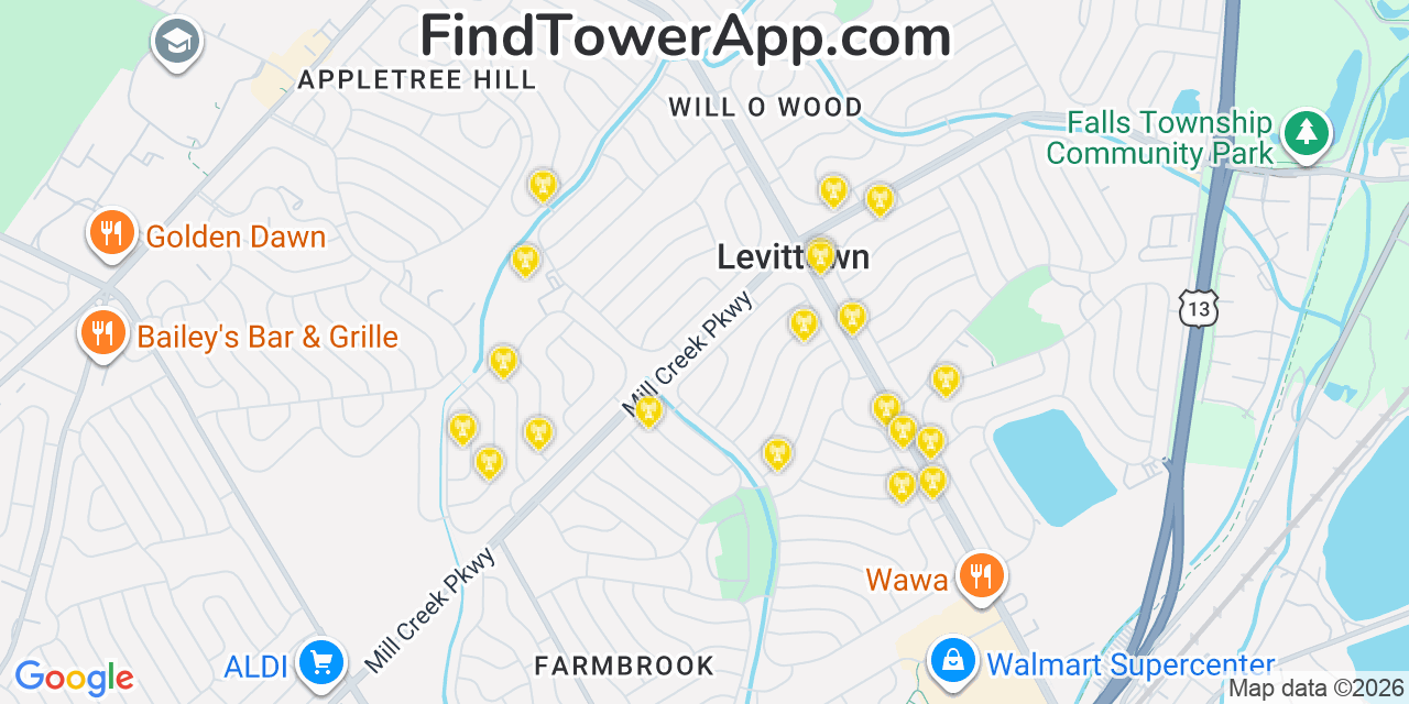 Map showing the 20 primary cell tower locations detected in Levittown, Pennsylvania from AT&T, Verizon, and T-Mobile networks