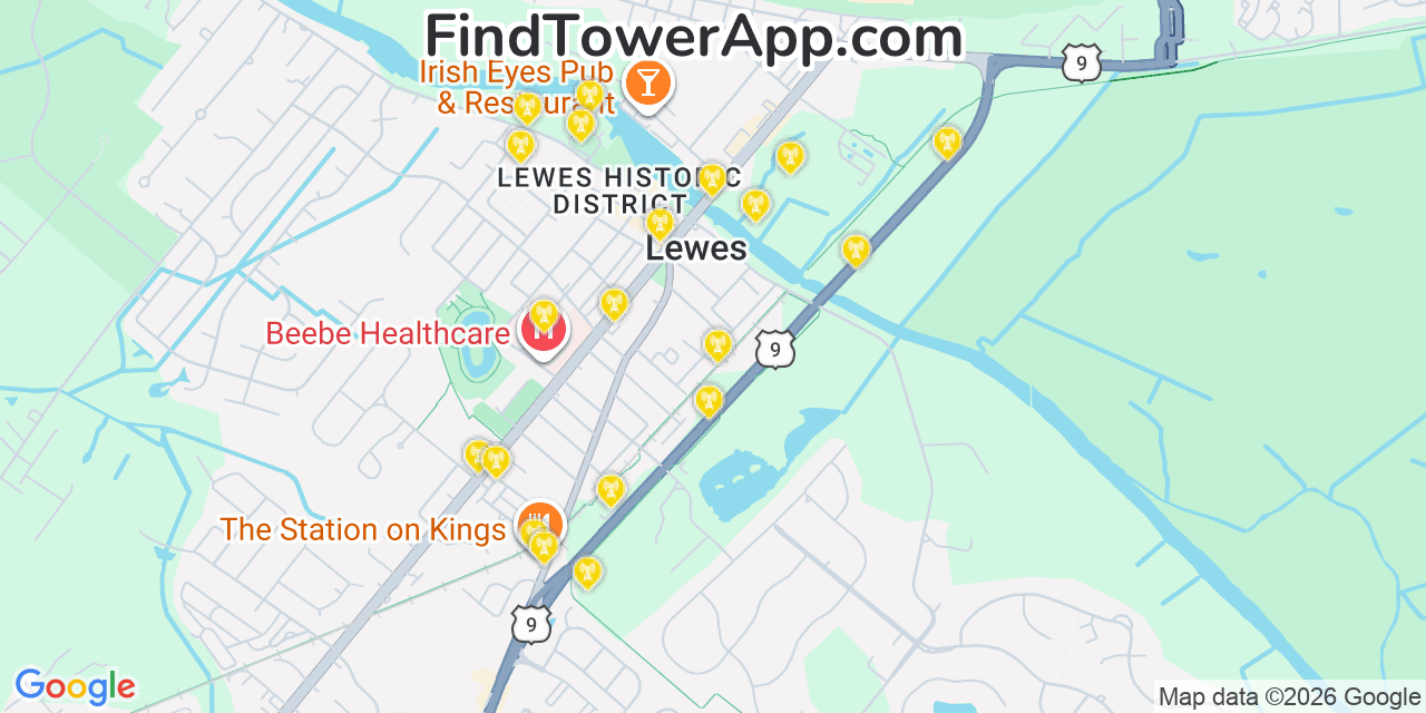 Map showing the 20 primary cell tower locations detected in Lewes, Delaware from AT&T, Verizon, and T-Mobile networks