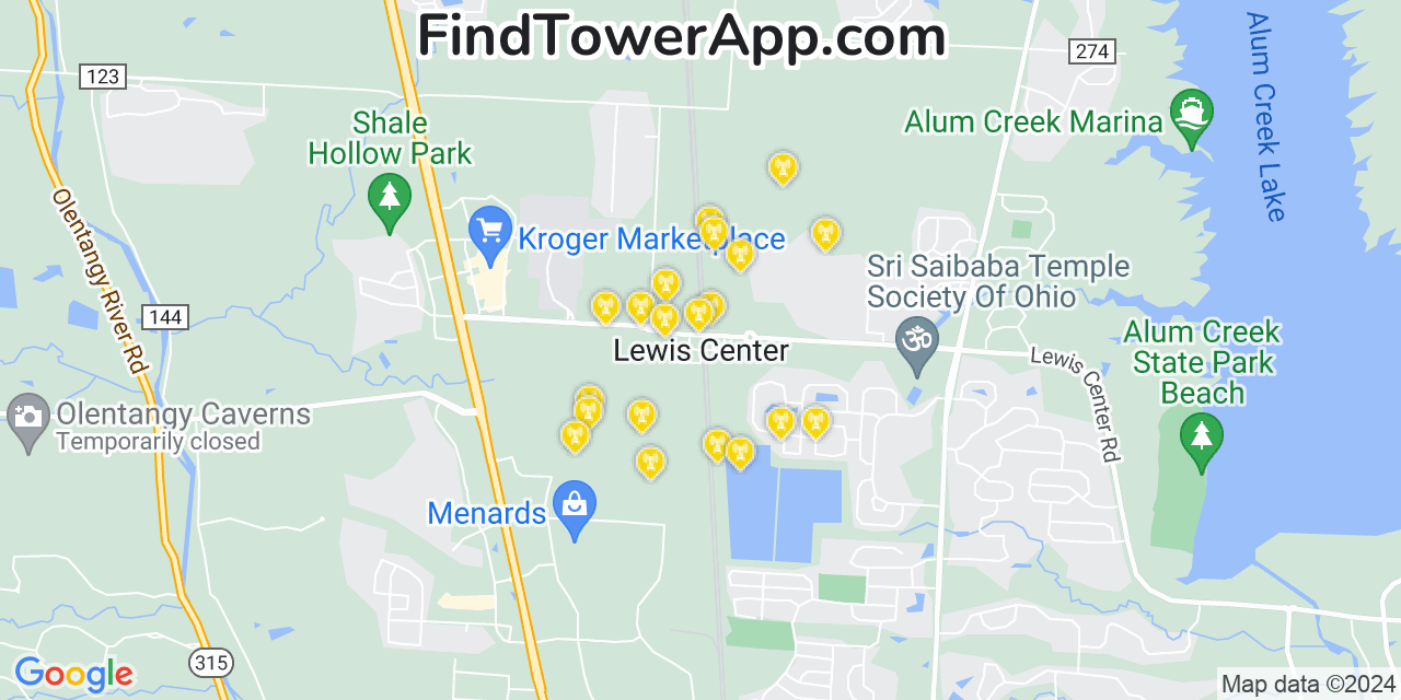 AT&T 4G/5G cell tower coverage map Lewis Center, Ohio