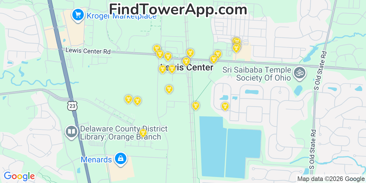 Map showing the 20 primary cell tower locations detected in Lewis Center, Ohio from AT&T, Verizon, and T-Mobile networks