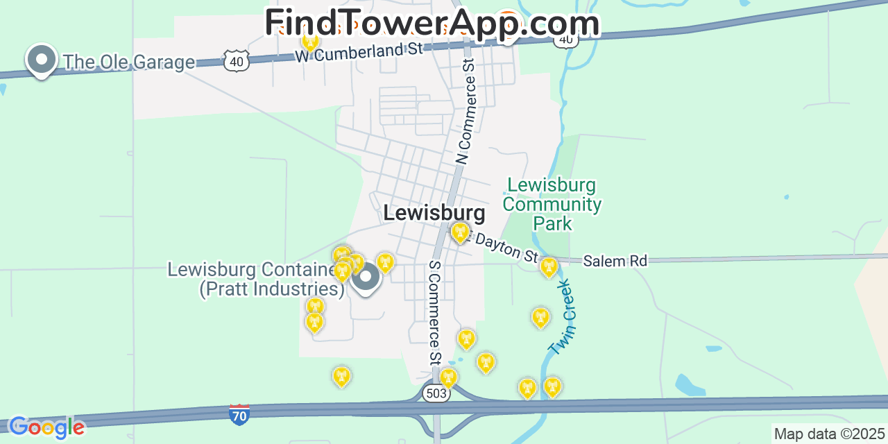 Map showing the 20 primary cell tower locations detected in Lewisburg, Ohio from AT&T, Verizon, and T-Mobile networks