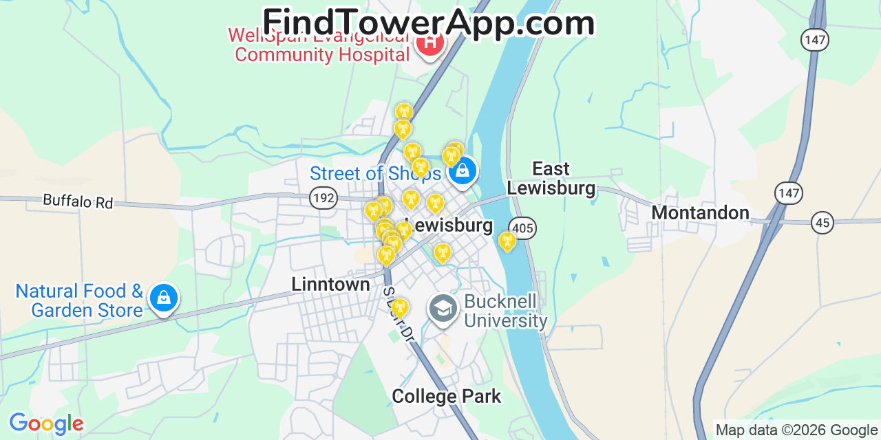 Map showing the 20 primary cell tower locations detected in Lewisburg, Pennsylvania from AT&T, Verizon, and T-Mobile networks