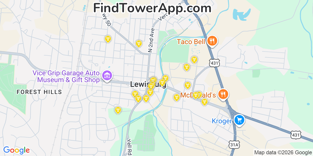Map showing the 20 primary cell tower locations detected in Lewisburg, Tennessee from AT&T, Verizon, and T-Mobile networks