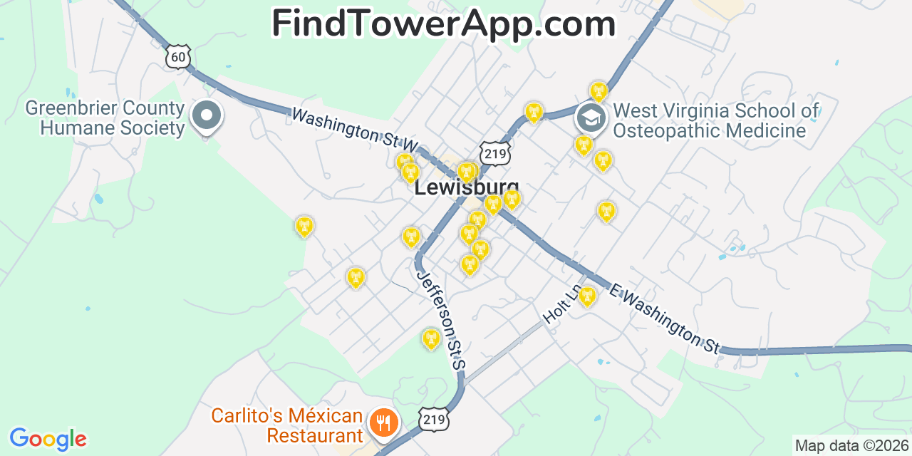 Map showing the 20 primary cell tower locations detected in Lewisburg, West Virginia from AT&T, Verizon, and T-Mobile networks