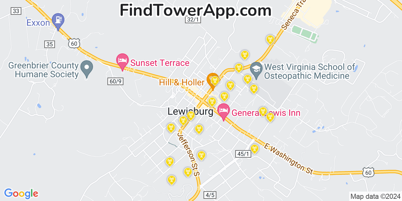 Verizon 4G/5G cell tower coverage map Lewisburg, West Virginia