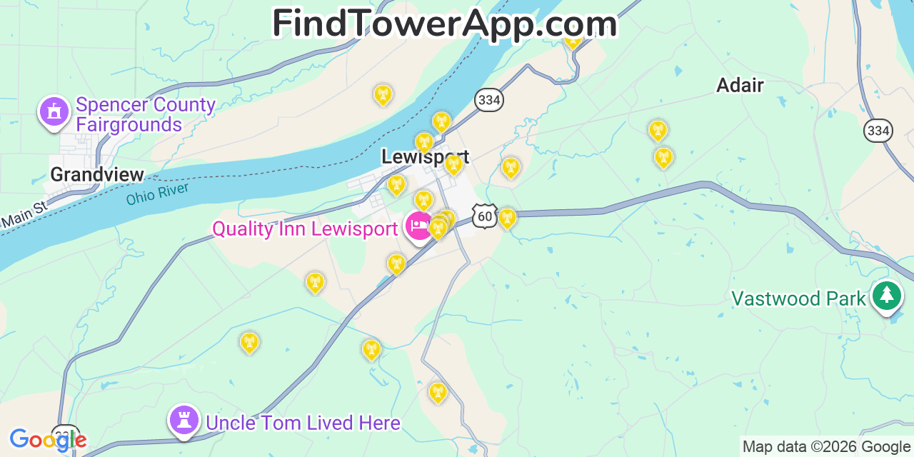 Map showing the 20 primary cell tower locations detected in Lewisport, Kentucky from AT&T, Verizon, and T-Mobile networks