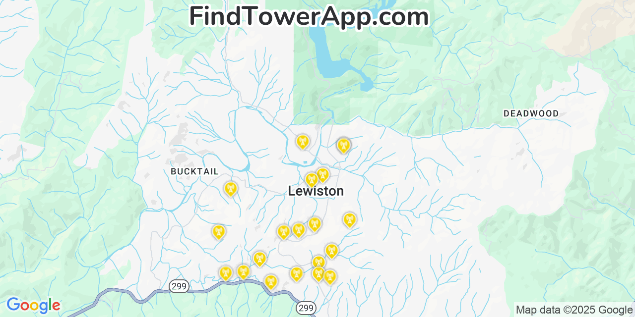 Map showing the 20 primary cell tower locations detected in Lewiston, California from AT&T, Verizon, and T-Mobile networks