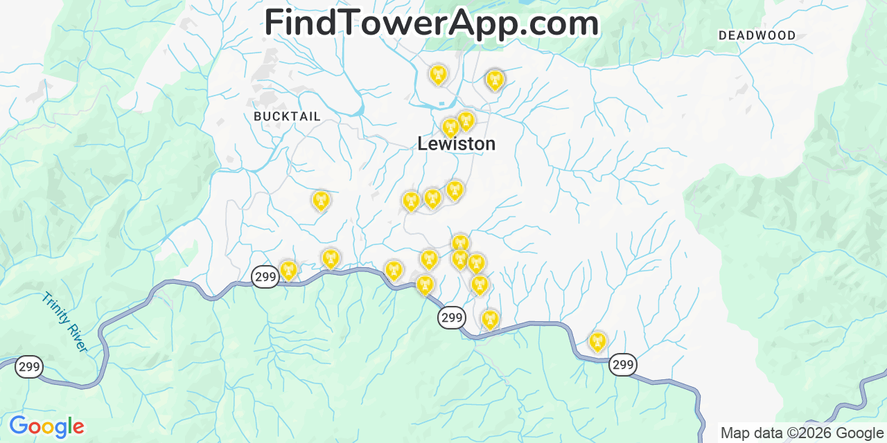 Map showing the 20 primary cell tower locations detected in Lewiston, California from AT&T, Verizon, and T-Mobile networks