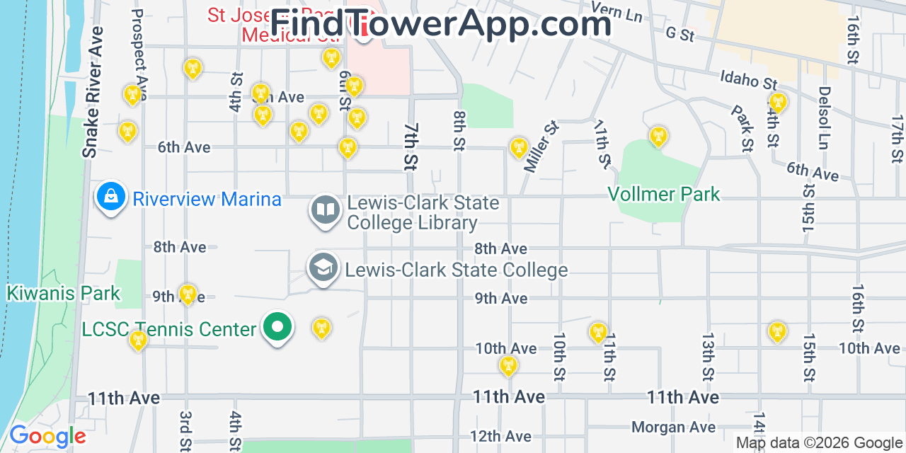 Map showing the 20 primary cell tower locations detected in Lewiston, Idaho from AT&T, Verizon, and T-Mobile networks