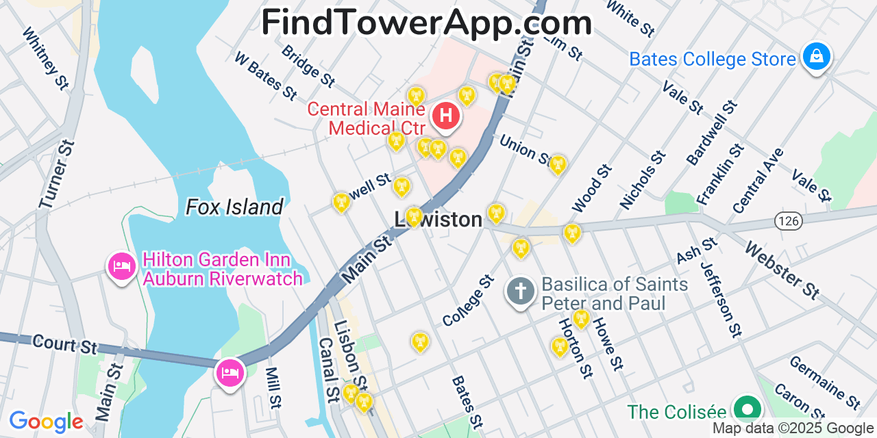 Map showing the 20 primary cell tower locations detected in Lewiston, Maine from AT&T, Verizon, and T-Mobile networks