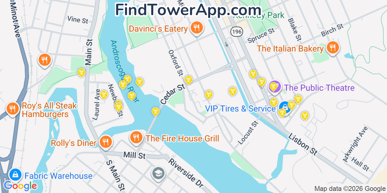 Map showing the 20 primary cell tower locations detected in Lewiston, Maine from AT&T, Verizon, and T-Mobile networks