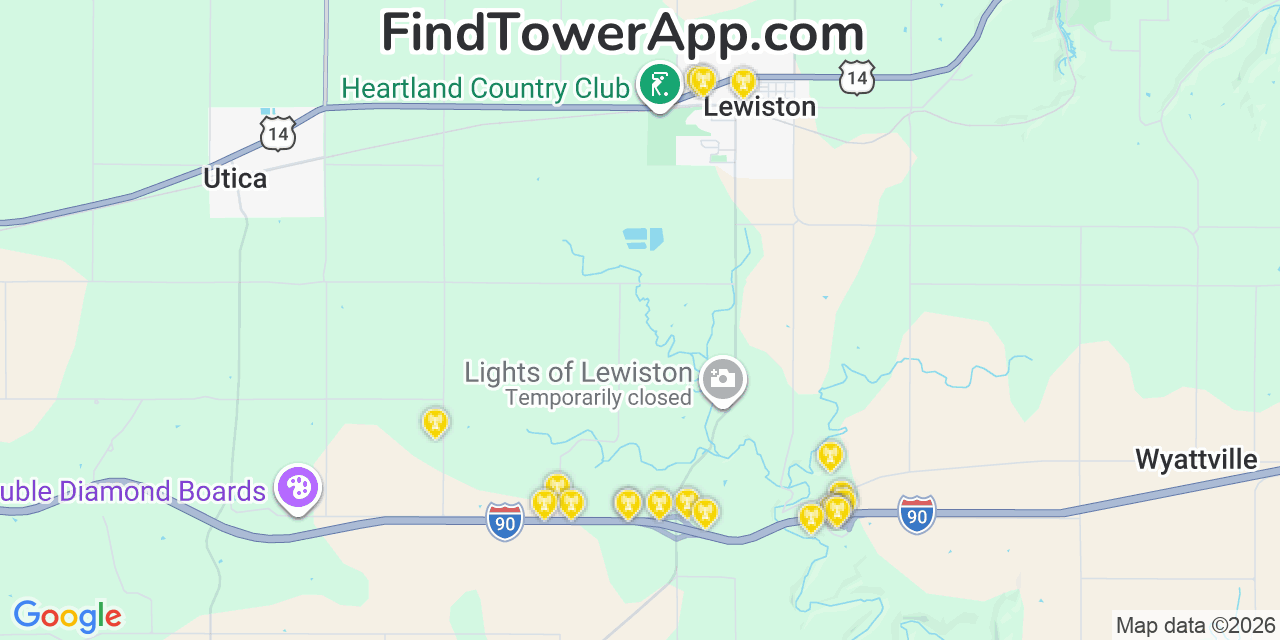 Map showing the 20 primary cell tower locations detected in Lewiston, Minnesota from AT&T, Verizon, and T-Mobile networks