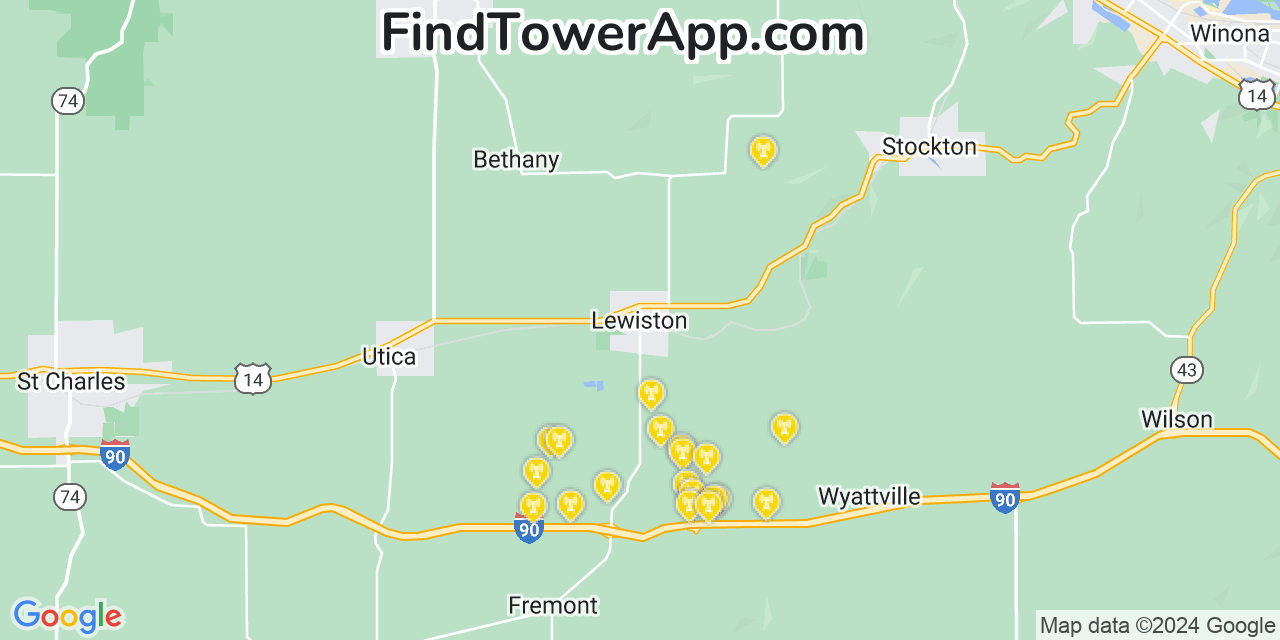 Verizon 4G/5G cell tower coverage map Lewiston, Minnesota