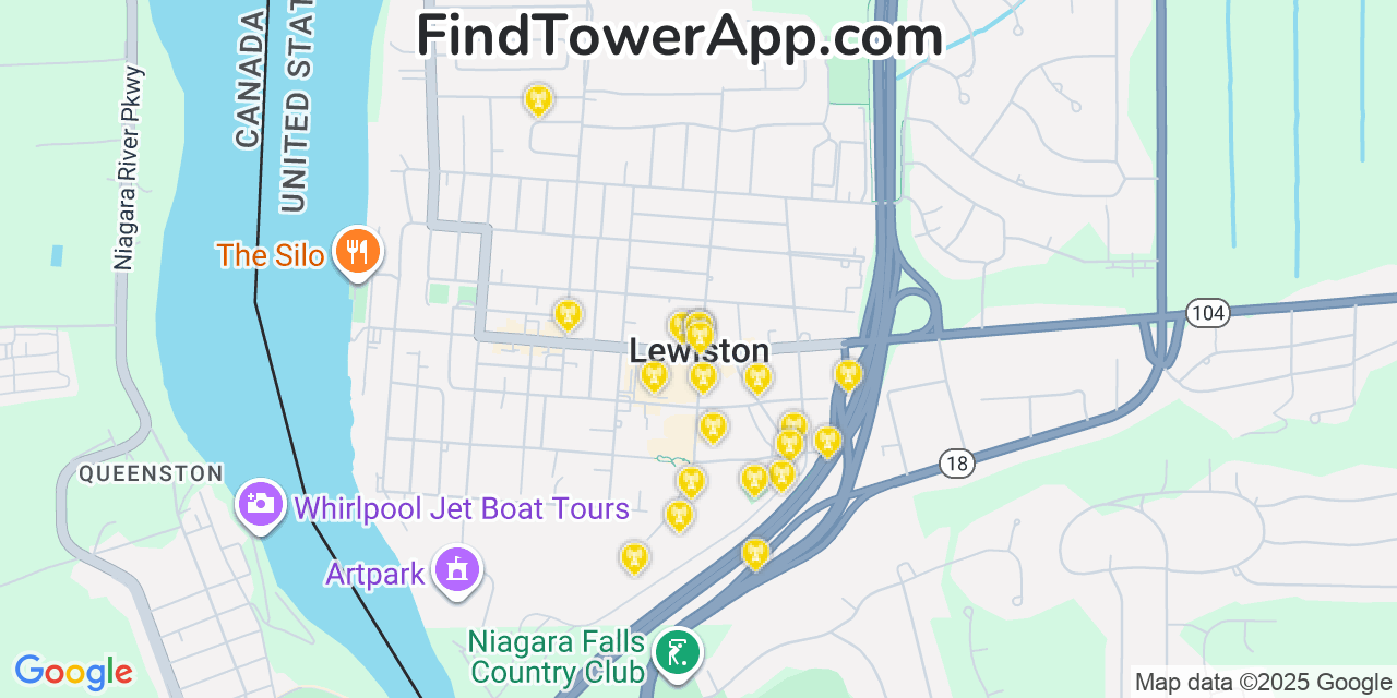 Map showing the 20 primary cell tower locations detected in Lewiston, New York from AT&T, Verizon, and T-Mobile networks