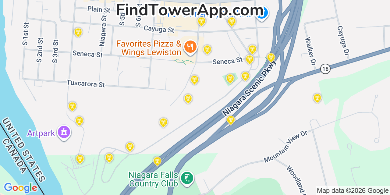 Map showing the 20 primary cell tower locations detected in Lewiston, New York from AT&T, Verizon, and T-Mobile networks