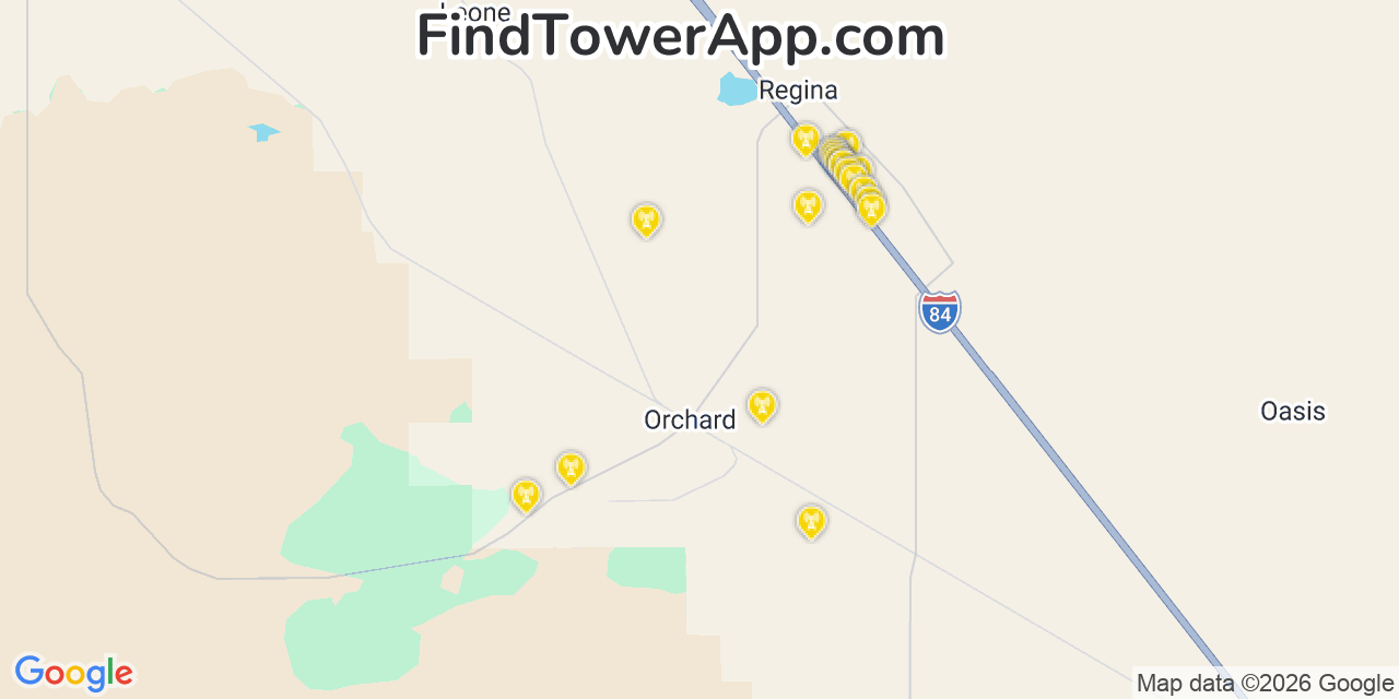Map showing the 20 primary cell tower locations detected in Lewiston Orchards, Idaho from AT&T, Verizon, and T-Mobile networks