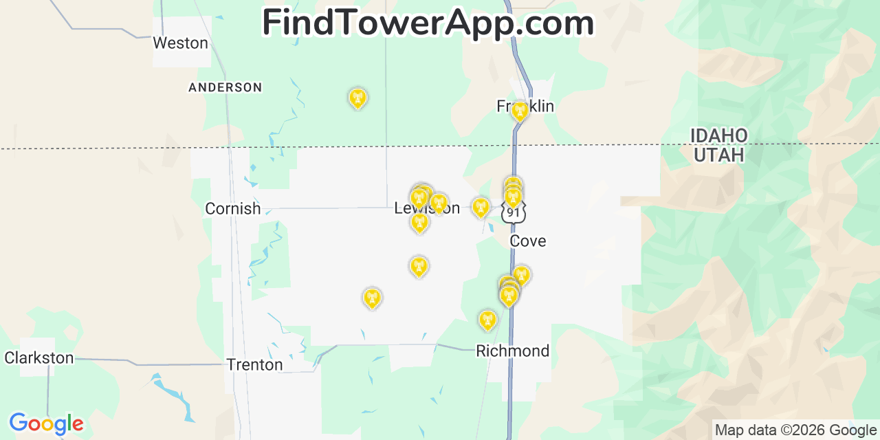 Map showing the 20 primary cell tower locations detected in Lewiston, Utah from AT&T, Verizon, and T-Mobile networks