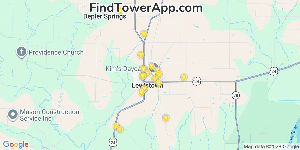 Map showing the 20 primary cell tower locations detected in Lewistown, Illinois from AT&T, Verizon, and T-Mobile networks