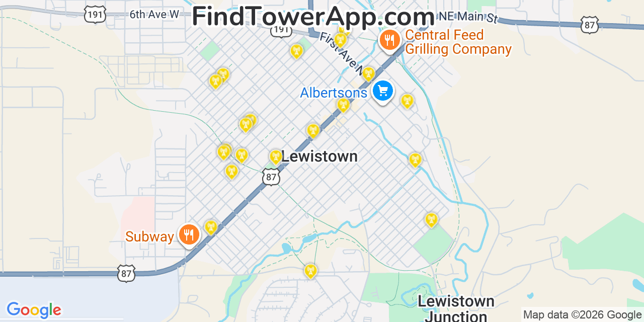 Map showing the 20 primary cell tower locations detected in Lewistown, Montana from AT&T, Verizon, and T-Mobile networks