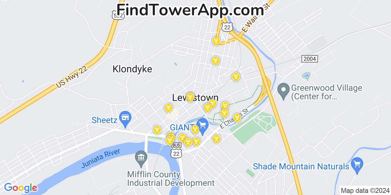 AT&T 4G/5G cell tower coverage map Lewistown, Pennsylvania