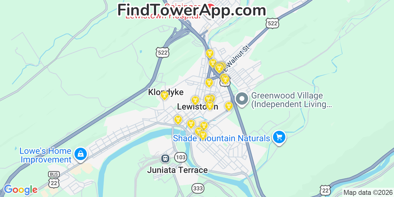 Map showing the 20 primary cell tower locations detected in Lewistown, Pennsylvania from AT&T, Verizon, and T-Mobile networks