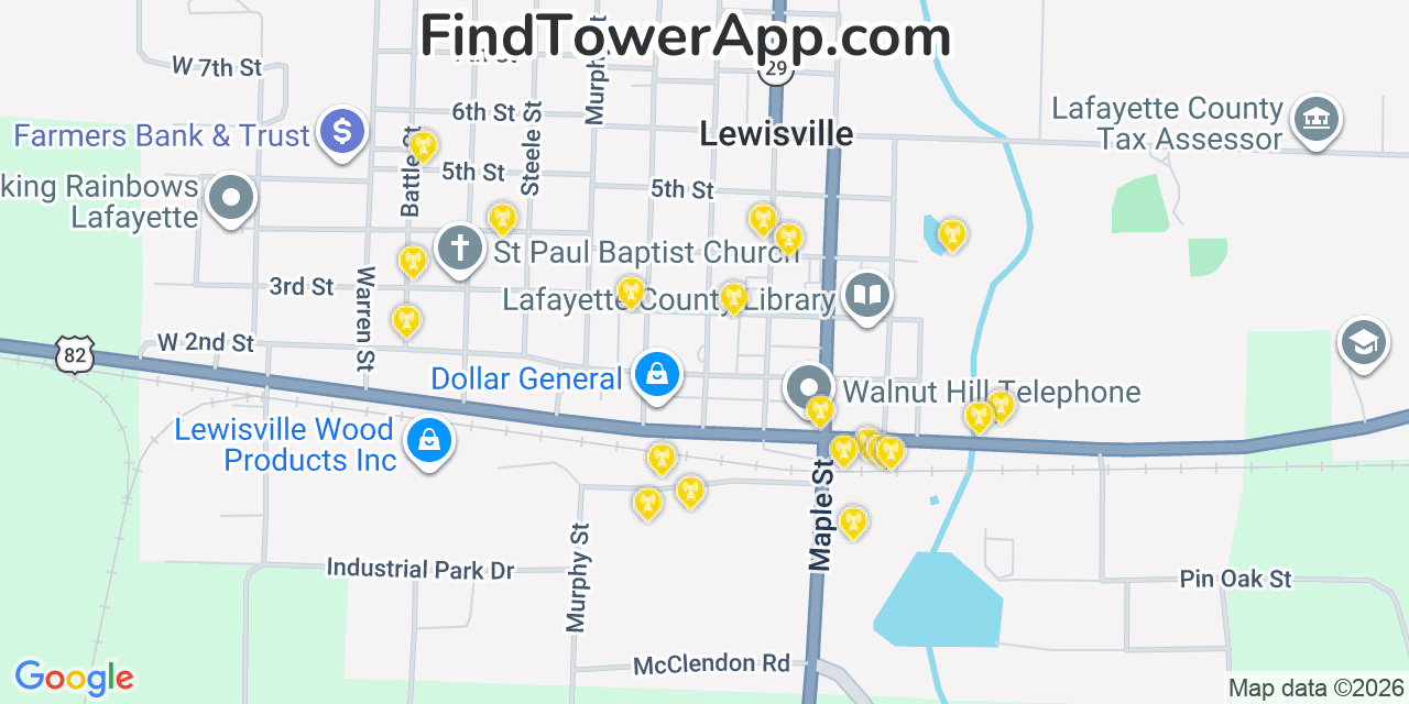 Map showing the 20 primary cell tower locations detected in Lewisville, Arkansas from AT&T, Verizon, and T-Mobile networks