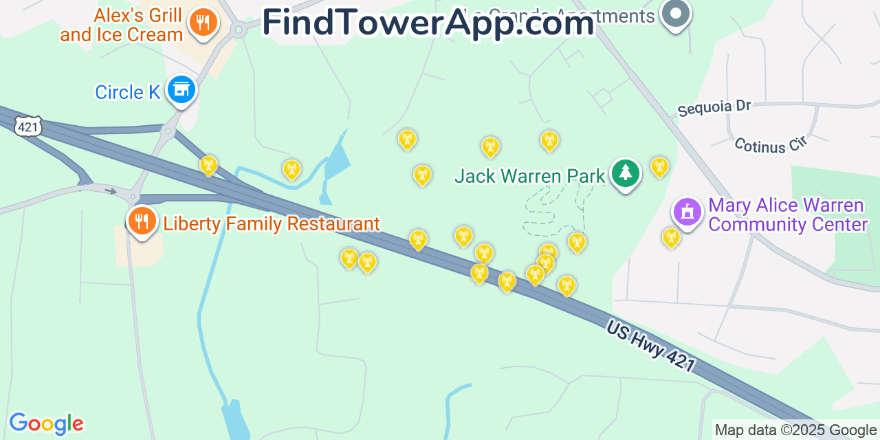 Map showing the 20 primary cell tower locations detected in Lewisville, North Carolina from AT&T, Verizon, and T-Mobile networks