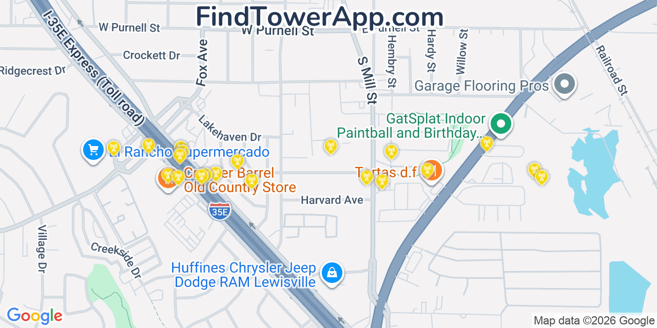 Map showing the 20 primary cell tower locations detected in Lewisville, Texas from AT&T, Verizon, and T-Mobile networks