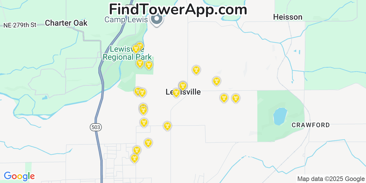 Map showing the 20 primary cell tower locations detected in Lewisville, Washington from AT&T, Verizon, and T-Mobile networks