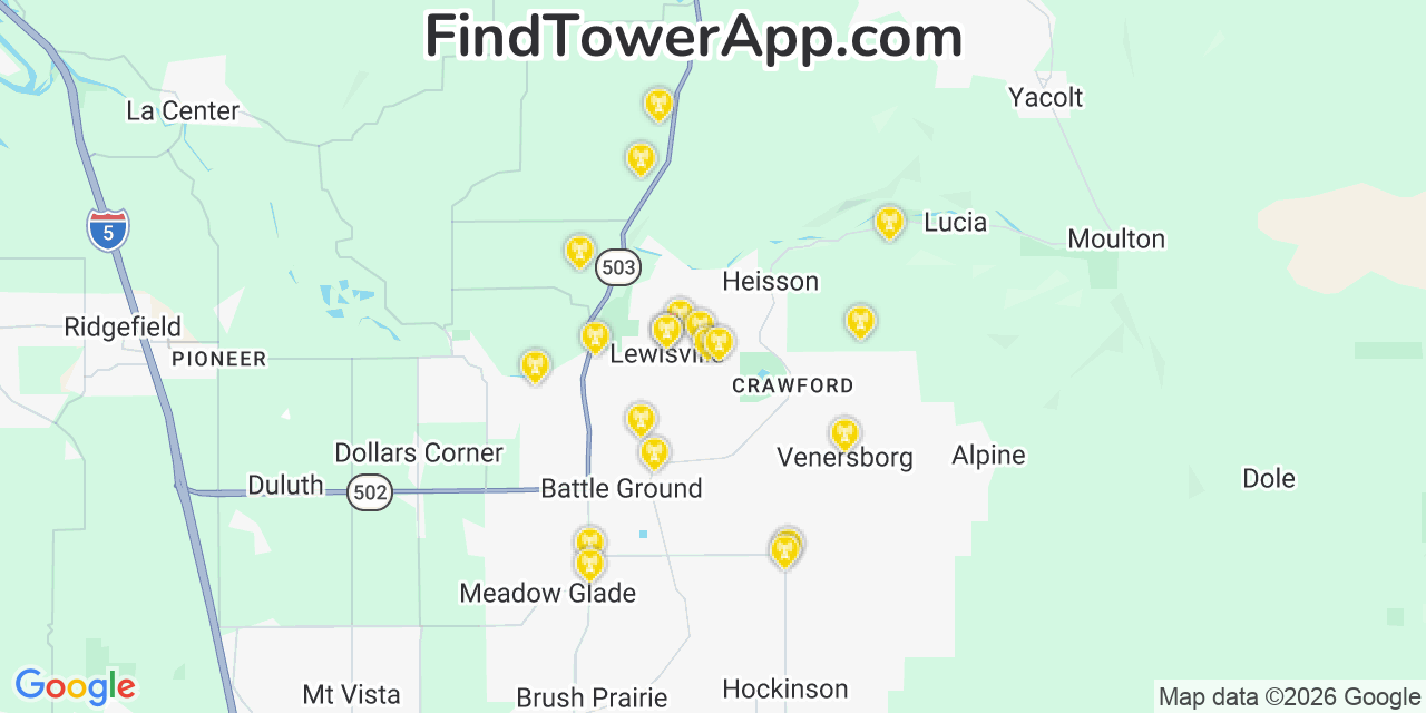 Map showing the 20 primary cell tower locations detected in Lewisville, Washington from AT&T, Verizon, and T-Mobile networks